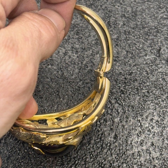 Vintage Whiting & Davis Amber Glass Leaf Cuff Bracelet Earrings Set Signed Gold - Picture 10 of 11